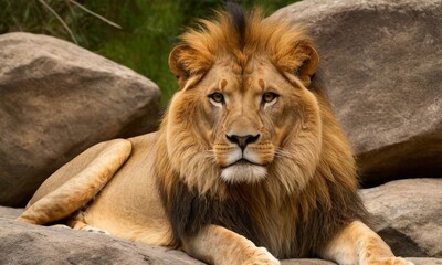 Obraz premium Magnificent Lion Resting on Rocks at the Zoo with Intense Gaze
