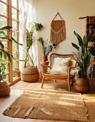 An organic-inspired space with natural fiber rugs, light wood, and potted plants.
