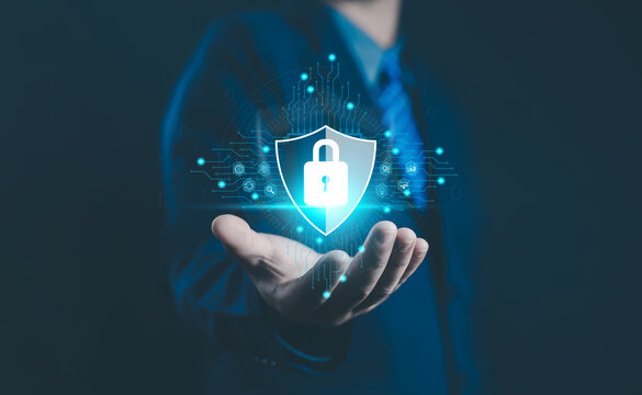 Businessman showing concept of online password privacy on internet. Data security from crime scene. Cyber ​​security technology and data protection on internet. - Powered by Adobe