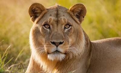 Obraz premium Magnificent Lioness Portrait, A Captivating Close-Up in the African Savannah