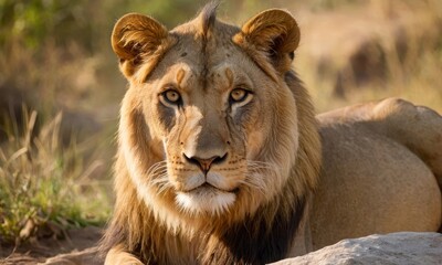 Obraz premium Intense Gaze of a Majestic Lion, A Close-Up Portrait in the Wild