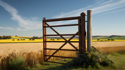 oil pump in field with wooden gate