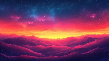 Naklejka premium Vibrant cosmic landscape with dreamy ethereal mountains and starry sky