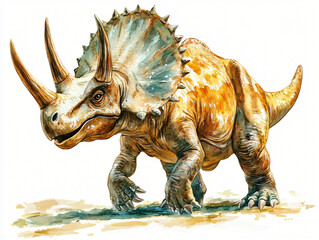 Triceratops on the Move: A majestic Triceratops, rendered in intricate detail, strides confidently across a prehistoric landscape. capturing a sense of awe, wonder and the grandeur of a bygone era.