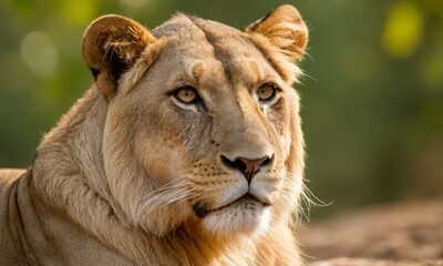Naklejka premium Captivating Portrait of a Majestic Lioness with Intense Gaze and Golden Eyes