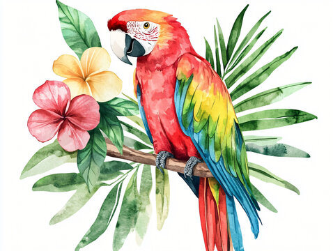 Vibrant Parrot and Tropical Blooms: A stunning macaw perched on a branch, surrounded by lush tropical flowers and foliage.