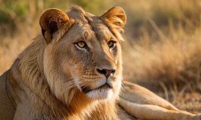 Naklejka premium Portrait of a majestic lion resting peacefully in the African savanna