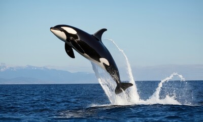 Fototapeta premium Majestic orca leaps from the ocean, showcasing power and grace