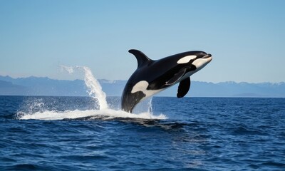 Fototapeta premium Spectacular orca leaping out of the deep blue ocean displaying power