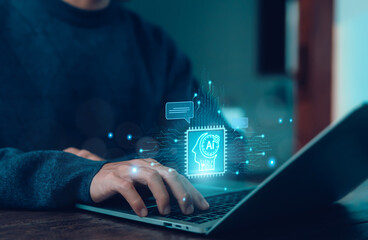  businessman using technology Global Internet connect Chatgpt conversation Chat with AI, Artificial...
