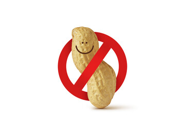 Peanut with prohibition sign on white background - Peanut allergy concept