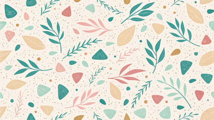 Aesthetic terrazzo pattern in pastel tones, split into two variations&mdash;one with a minimalist speckled texture and the other enriched with botanical leaf details. A modern and stylish design perfect for