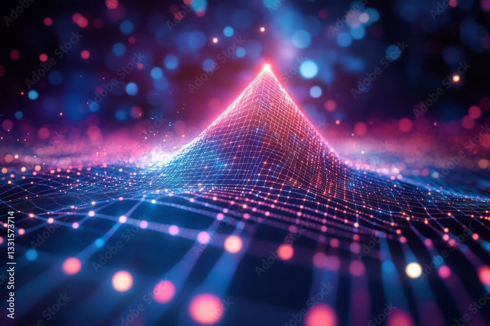 Poster Vibrant digital landscape showcasing a peak formed by interconnected nodes and illuminated particles in a colorful abstract design