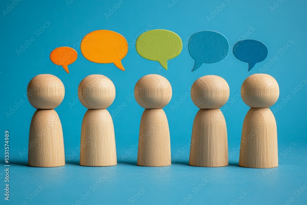 Poster Group of wooden figures engaged in conversation with colorful speech bubbles in a bright setting