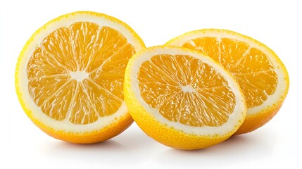 Fototapeta premium Two oranges cut in half displaying their juicy segments on isolated white background with natural light highlighting