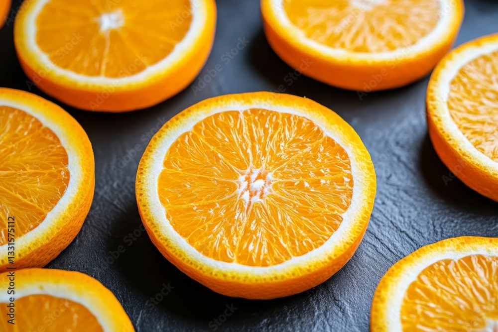 Poster bright orange slices arranged neatly on a dark surface showcasing their vibrant color and texture