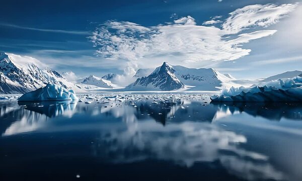 Antarctic landscape serene icy mountains reflecting in calm waters, perfect for travel brochures