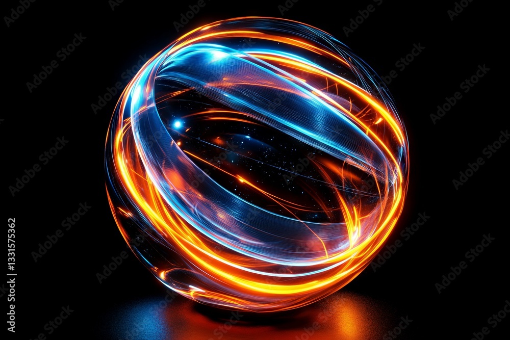 Poster vibrant luminescent sphere with swirling blue and orange light patterns against a dark background