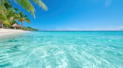 Fototapeta premium Tropical Paradise: Captivating turquoise waters meet a pristine beach, framed by lush palm trees swaying gently under a brilliant blue sky, evoking a sense of serenity and escape. 