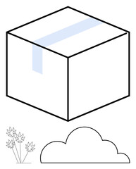 Cardboard box with tape, fluffy cloud, and dandelion plants convey storage, nature, and sustainability. Ideal for shipping, eco-friendly packaging, storage, environment nature logistics