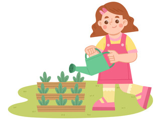 Illustration of Girl Watering Plants in Garden