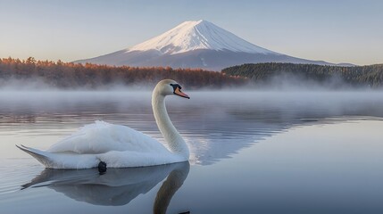 Elegant Swan Gliding on Misty Lake with Majestic Mountain View