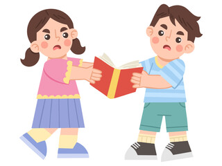 Illustration of  boy and girl fighting over a book
