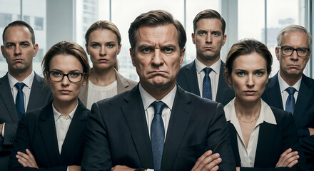 A group of serious, angry and upset, business-minded individuals, likely executives or professionals, all dressed in business suits and ties.