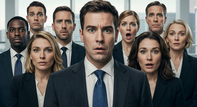 A group shot of diverse business professionals, all wearing business suits and expressing astonishment or shock.