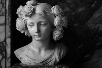 Exquisite marble bust adorned with roses in a classic setting captures timeless beauty and grace