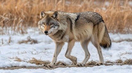 Naklejka premium Wolf Walking in Snowy Landscape Surrounded by Grass and Brush