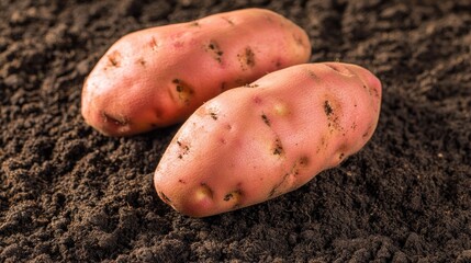 A pair of potatoes resting on a pile of earthy soil