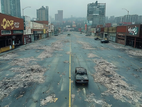 Desolate urban street, post-apocalyptic