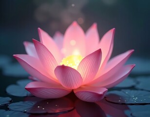 mystical glowing lotus flower in water with dreamy lights &ndash; a surreal photorealistic digital illustration symbolizing spirituality, peace, and meditation