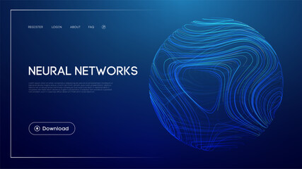 Neural networks technology with abstract glowing sphere, futuristic blue background, deep learning systems, artificial intelligence computing, and modern UI design for innovation and data processing