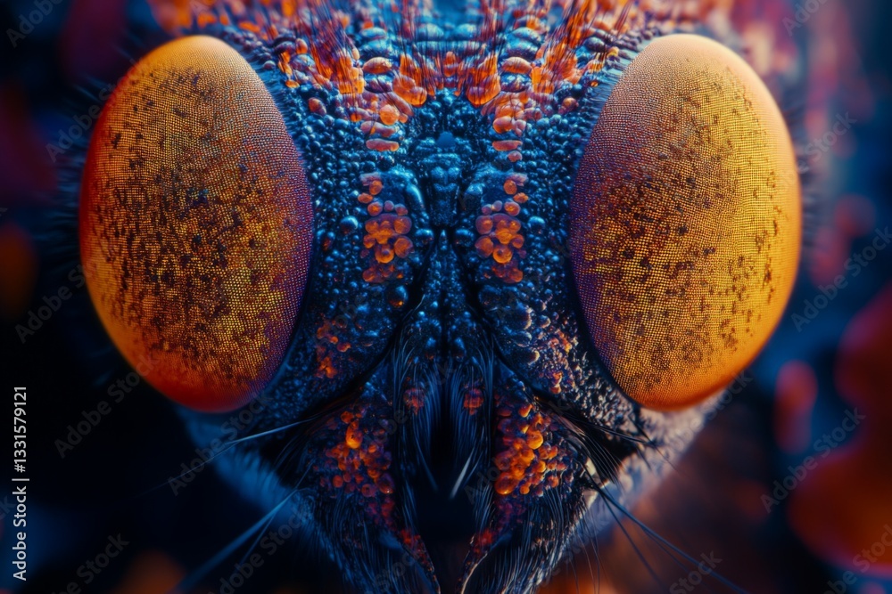 Poster Close view of a colorful insect revealing intricate details of its eyes and texture in a vibrant setting