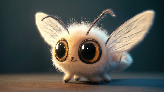 A very fluffy white moth creature with big expressive eyes