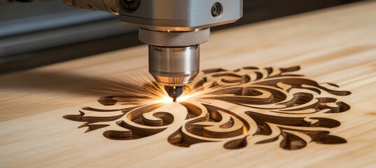 CNC Laser Engraving Machine in Action, Creates Intricate Floral Pattern in Wood Panel, Close-up View
