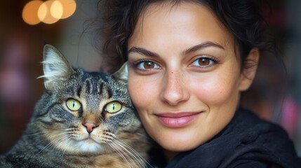 Young woman smiling with her fluffy tabby cat, warm lighting and soft focus create a cozy atmosphere.