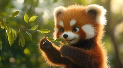 Fototapeta premium A cute red panda enjoying some fresh green leaves from a branch