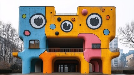 Fototapeta premium Whimsical Building with Cartoon Eyes and Bright Colors