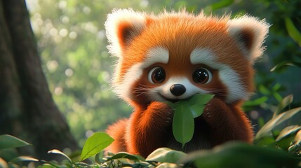 Fototapeta premium Adorable red panda enjoying some leafy greens in a forest setting
