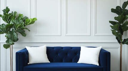 A blue couch with two white pillows sits against a paneled wall. Two fig plants flank the couch, one on each side.

