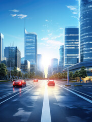 Obraz premium Sunrise Commute in the Modern Metropolis