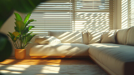 A sun-soaked interior scene with bright light filtering through window blinds, illuminating a cream-colored sectional. A potted plant sits nearby, adding a touch of nature.