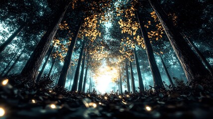 Mystical autumn forest path with sunlight.