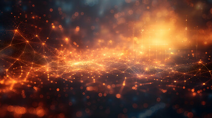 Fototapeta premium Orange Blue Digital Network Glowing Particles, Futuristic Design for Modern Technology