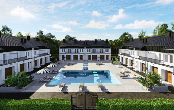 3D render Front view of urban residential condominium houses with swimming pool