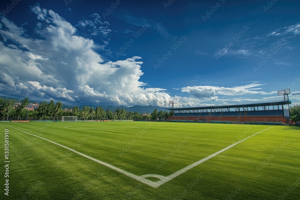Poster soccer field with a cloudy sky in the background, ideal for sports or weather related concepts