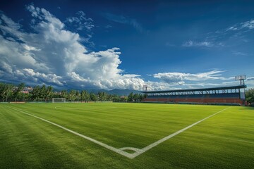 Soccer field with a cloudy sky in the background, ideal for sports or weather related concepts